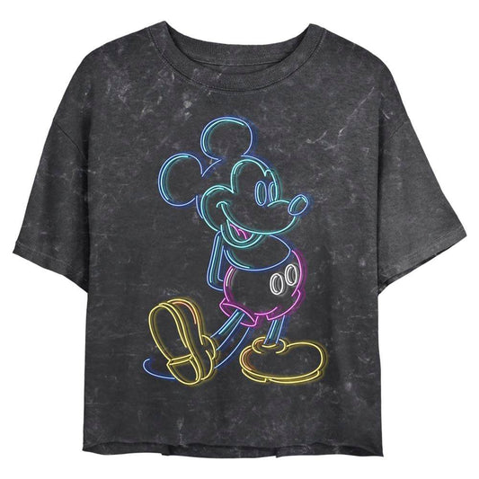Junior's Disney Neon Mickey Mouse Outline Mineral Wash Crop Top - MARVEL PRODUCTS AND MORE