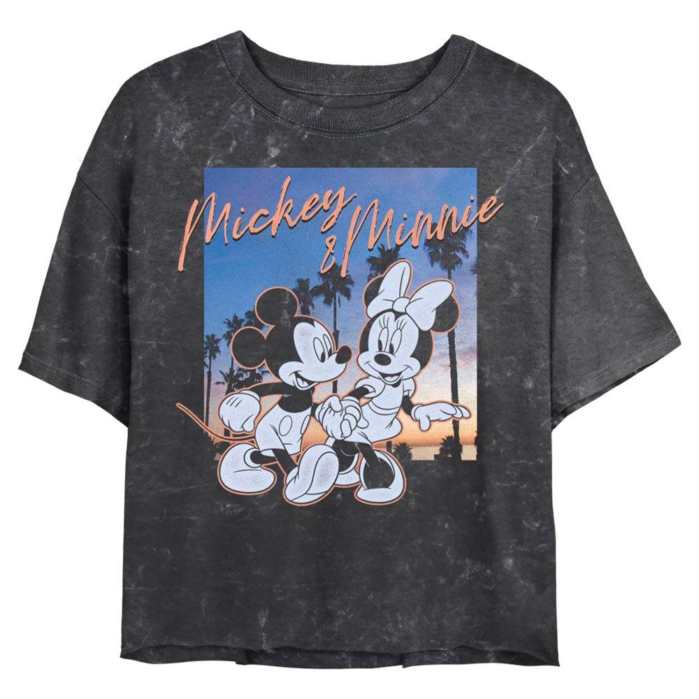 Junior's Disney Sunset Palm Trees Mickey and Minnie Mineral Wash Crop Top - MARVEL PRODUCTS AND MORE