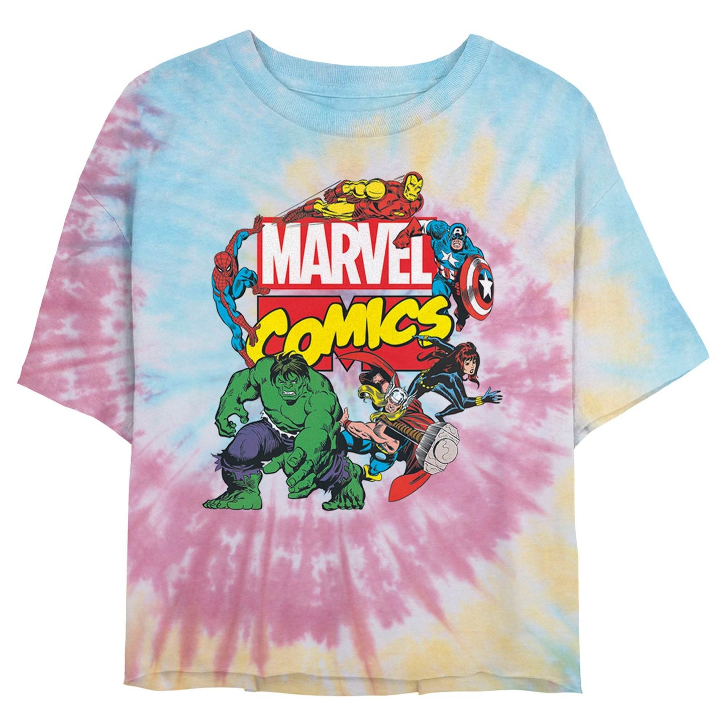 Junior's Marvel ClassicLogo Avengers Tie-Dye Swirl T-Shirt - MARVEL PRODUCTS AND MORE