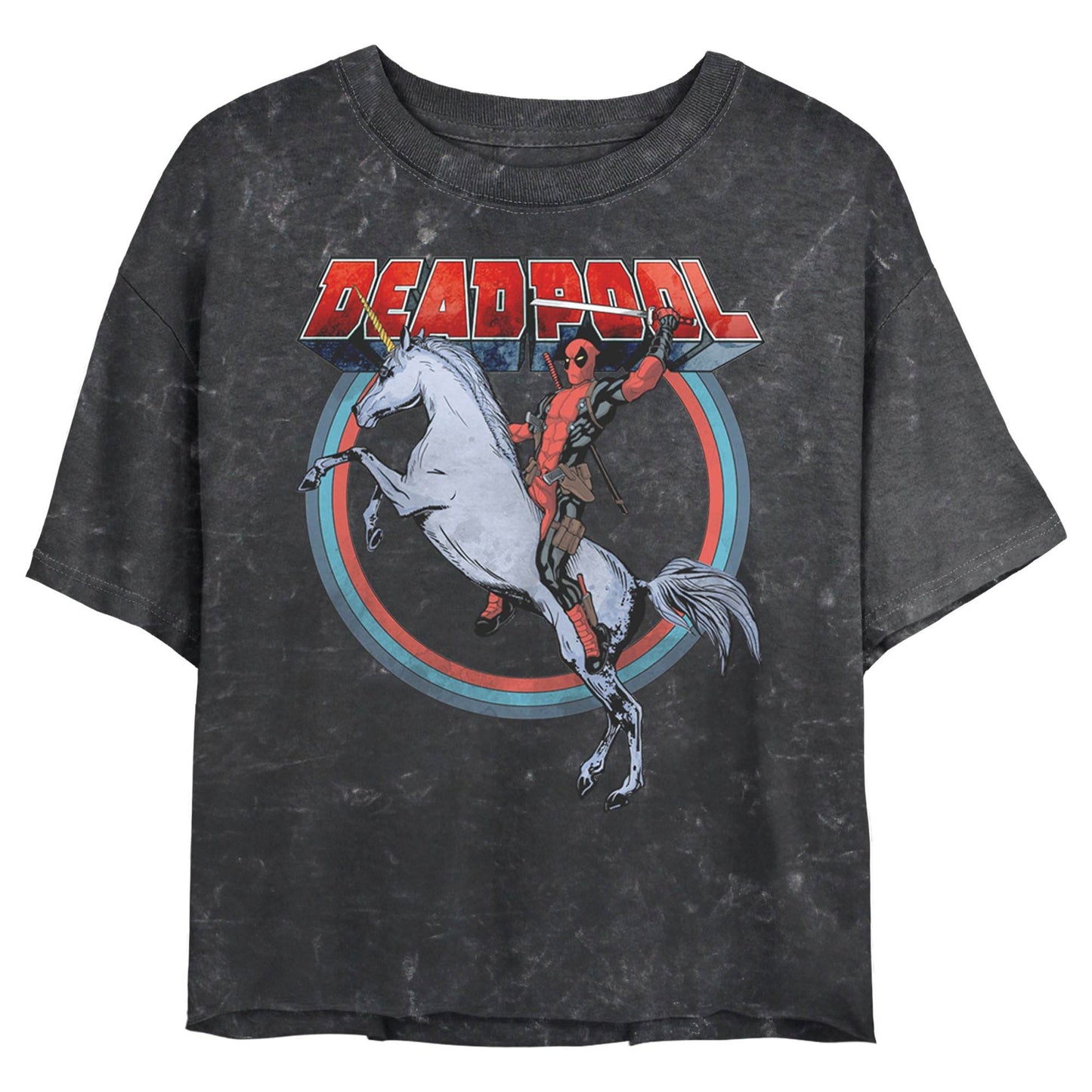 Junior's Marvel Deadpool On Unicorn Mineral Wash Crop Top - MARVEL PRODUCTS AND MORE