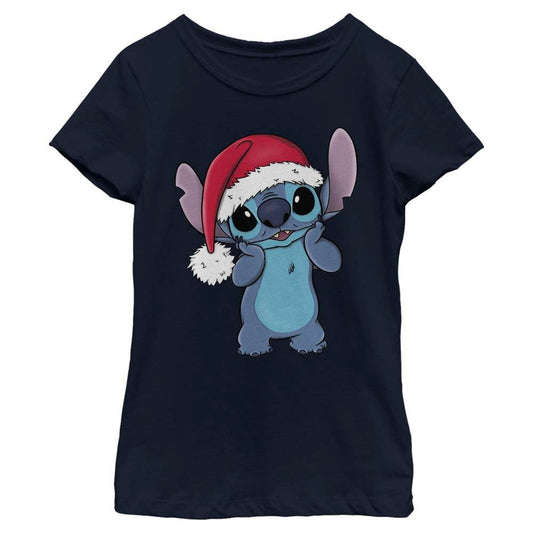 Girl's Disney Stitch Wearing Santa Hat T-Shirt - MARVEL PRODUCTS AND MORE