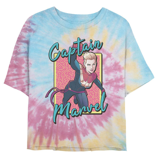 Junior's Marvel 90s Captain Marvel Tie-Dye Swirl T-Shirt - MARVEL PRODUCTS AND MORE