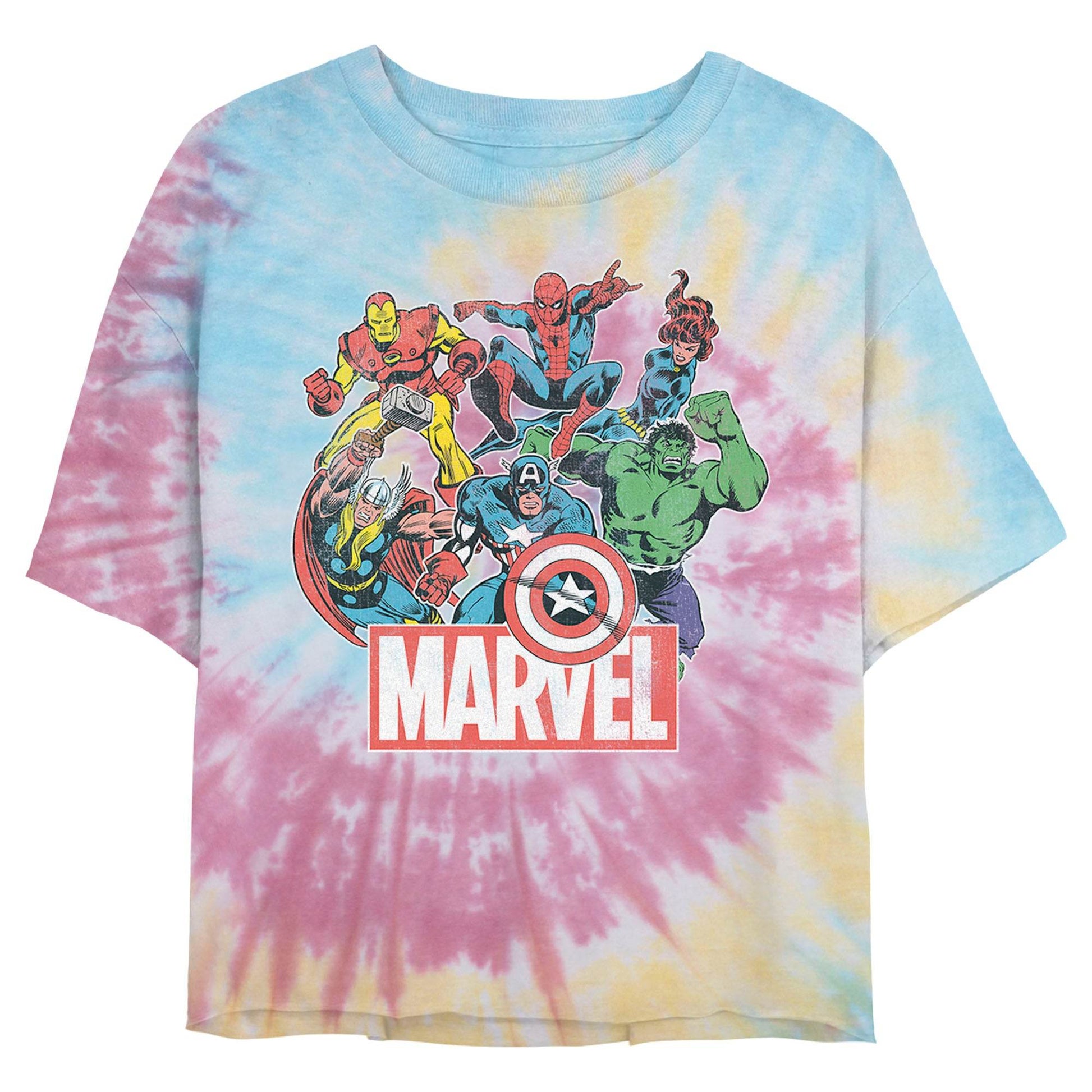 Junior's Marvel Heroes of Today Tie-Dye Swirl T-Shirt - MARVEL PRODUCTS AND MORE